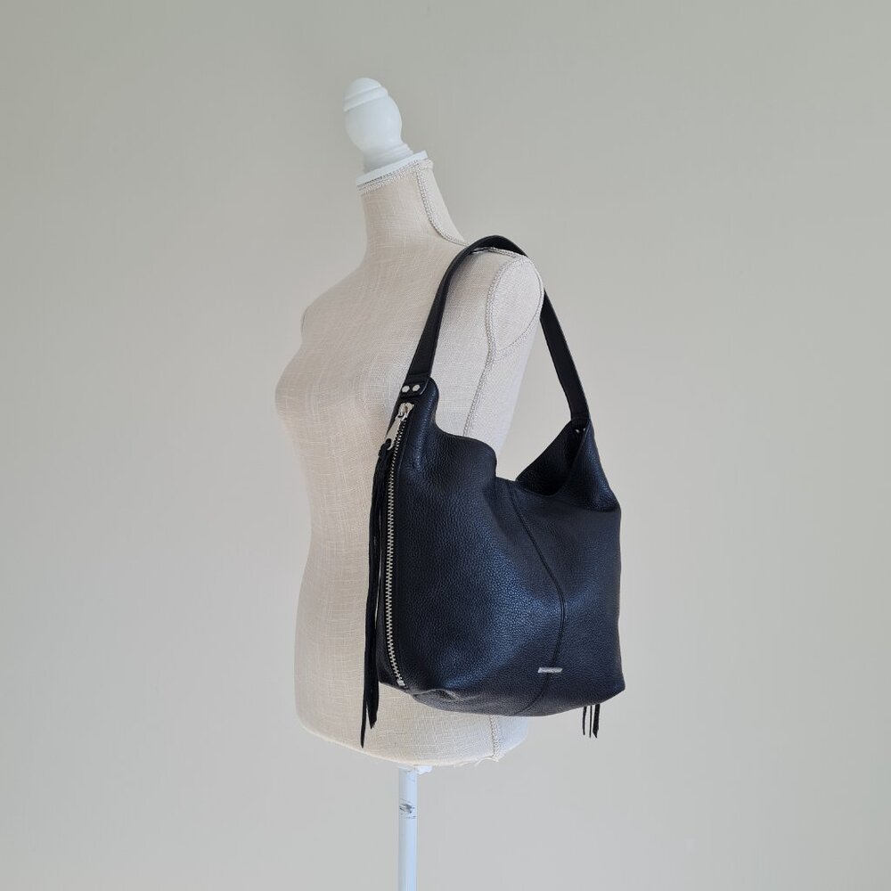 Rebecca Minkoff Medium Bryn Leather Hobo Black Silver Shoulder Bag Double Zip